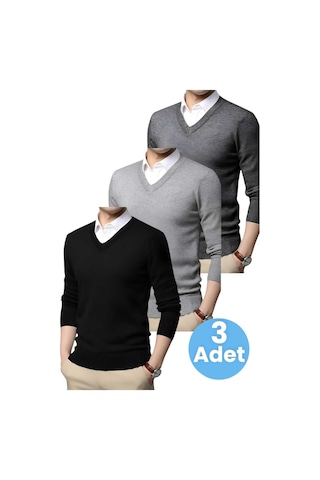 Tezzgelsin 3'lü Erkek V Yaka Uzun Kol Triko Tüylenmez Süveter Erkek Slim Fit Süveter Siyah - Gri - Füme