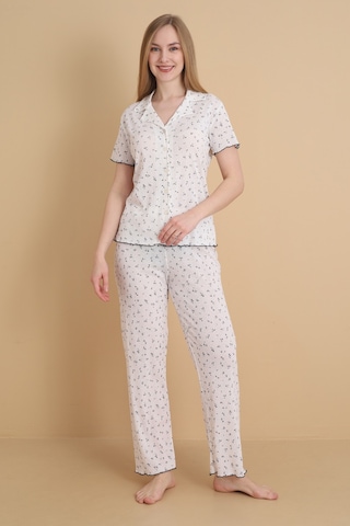 Wordex Mirano 1714 Çiçekli Pointel İnce Kumaş Düğmeli Kısa Kollu Kadın Pijama Takımı Ekru