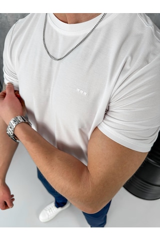 Modefendi Yüksek Kalite Slimfit Merserize Kumaş Bisiklet Yaka Tshirt Beyaz