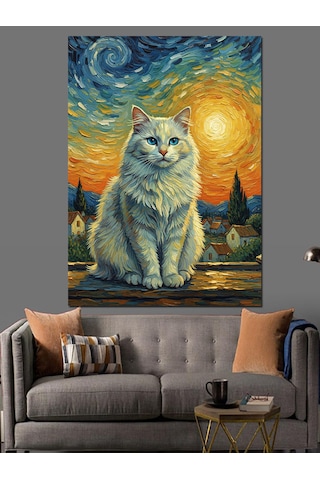 Karizma Tablo Van Gogh Stili Beyaz Kedi Dekoratif Kanvas - Mdf Ahşap Tablo