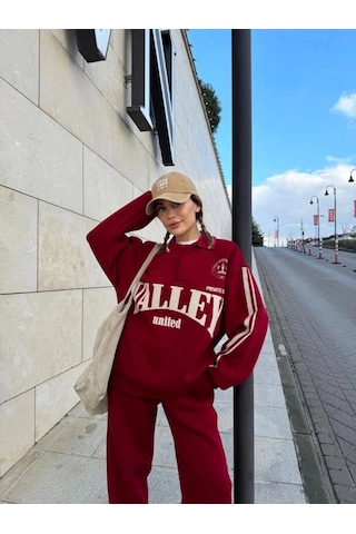 Freedom Storee Kadın 3 İplik Pamuklu Yakalı Sweat Baggy Pantolonlu Takım - Bordo Çok Renkli