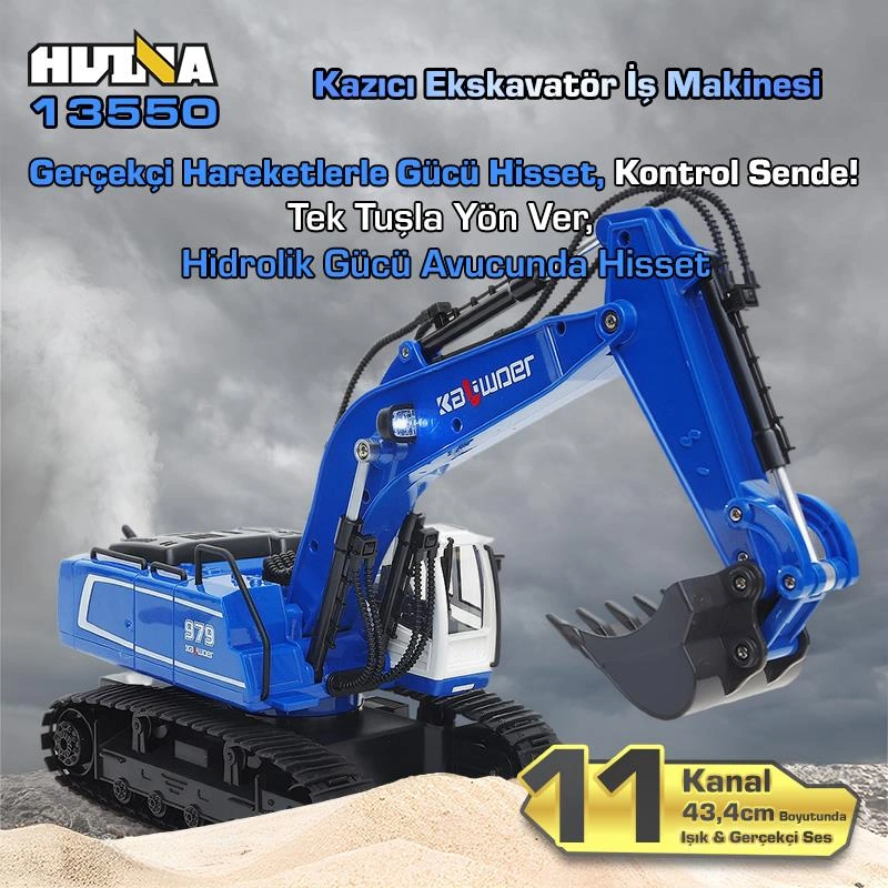 Huına Kaliwo 13550 1/18 11ch Kazıcı Ekskavatör İş Makinesi İnşaat Uzaktan Kumandalı Rc Model Metal Kepçeli Mavi - 2.4ghz Gerçekçi Similasyon Ses Ve Işık Sistemi Huına13550/blue