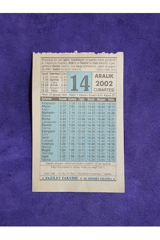 14 Aralık 2002 Takvim Yaprağı - Nostalji Koleksiyonluk Takvim Yaprağı