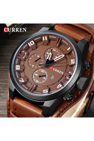 Suofeng Curren 8225 Erkek Spor Kol Saati Büyük Kasa Beyaz Ekran Kahverengi Deri Kemer-iç/ Dış Mekanlar İçin Dayanıklı Tasarım Siyah