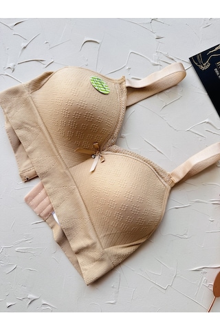 Celine C Cup Bambu Hisli Ultra Rahat Polamid Kumaştan Dokulu Dant Bej