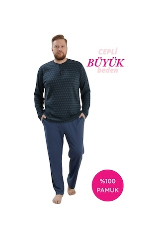 Seamlife Erkek Büyük Beden Bisiklet Yaka 3 Düğmeli Mevsimlik Uzun Kollu Pijama Takımı Lacivert