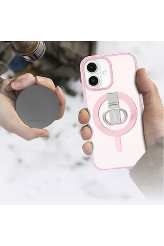 İphone 16 Plus Uyumlu Kılıf Magsafe Şarj Özellikli Yüzük Standlı Amazingthing Titan Pro Serisi Kapak Pembe