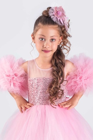 Kız Çocuk Abiye Elbise Ponpon Kol Pul Payetli Tütülü Pembe