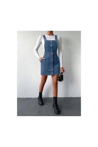 Kene Jeans Ön Düğmeli Etekli Koyu Mavi Bahçevan Elbise Koyu Mavi
