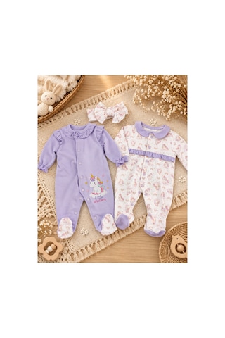 Omeca Concept Kız Bebek Unicorn Desenli 3'lü Tulum Seti Lila Ve Ekru Çıtçıtlı Patikli 2 Tulum Ve Fiyonklu Bandana