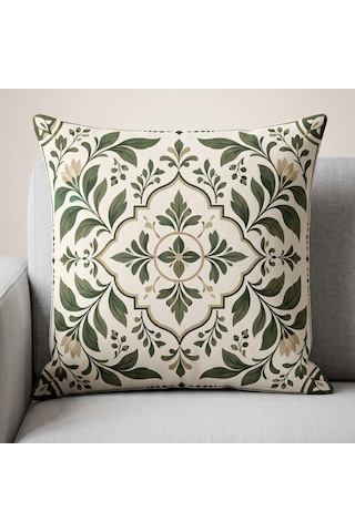 4'lü Haki Krem Klasik Botanik Desenli Dekoratif Kırlent Kılıfı Seti - Çift Taraflı 43x43 Cm Haki Yeşil