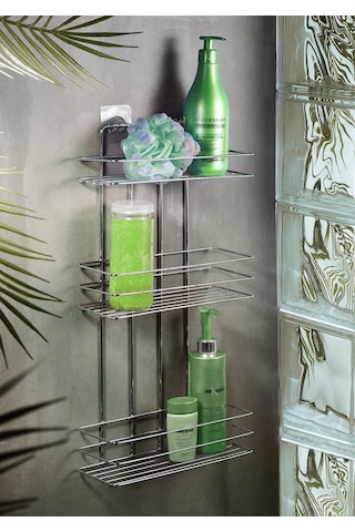3 Katlı Krom Yapışkanlı Banyo Rafı, Şampuanlık Duş Düzenleyici, Paslanmaz Metal Banyo Duvar Askısı - TŞ-03