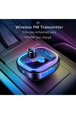 Honeybeeshop Siyah Kablosuz Araba Adaptörü Hızlı Şarj Type C Pd 30w Qc 3.0 Fm Radyo Alıcısı Müzik Çalar Araç Kiti