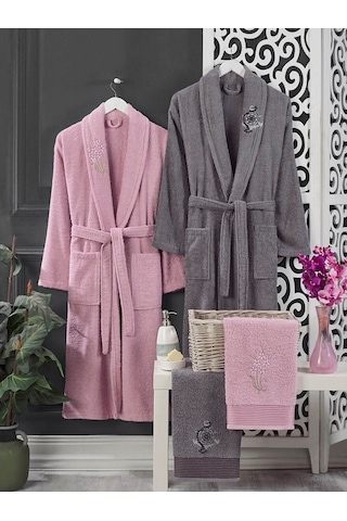 Aile Kadın Erkek Havlulu Bornoz Takımı Gri - Pembe 4 Parça