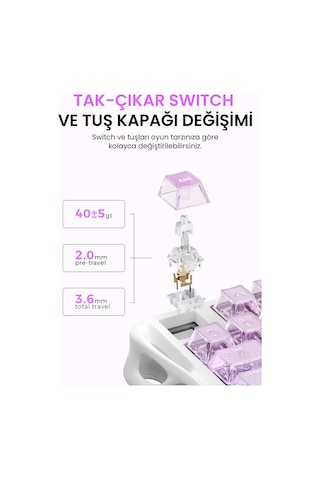 Gravastar Mercury K1 Lite Rgb Kablosuz Mekanik Gaming Klavye, İngilizce Q, Crystal Aurora
