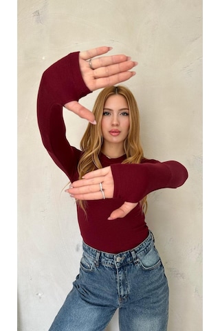 Kadın Bordo Likralı Uzun Kollu Basic Body Fit Kalıp, Esnek Ve Yumuşak Dokulu Bordo