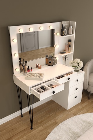 Df02121 Led Işıklı Aynalı Makyaj Masası Raflı Çekmeceli Beyaz Hollywood Model Makyaj Organizer