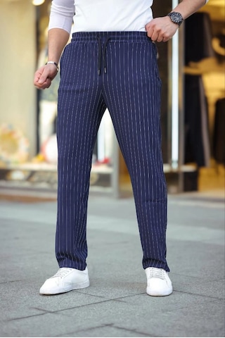 Cizgili Dokuma Krep Jogger Buggy Pantalon Rahat Kalıp - Lacivert
