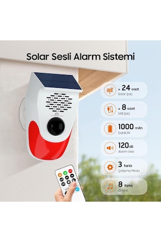 Kumandali Solar Sesli Işikli 120db Alarm Si Stemi