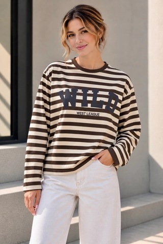Bbbutikbasic Wild Baskılı Çizgili Uzun Kollu Kadın Sweatshirt My3535 Kahverengi