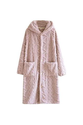 Flybuy Kadın Kışlık Bornoz Düğmeli Sabahlık, Kalın Flanel, Uzun Kollu, Rahat Kış Giyimi Kırmızı