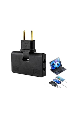 Moveevo Siyah Dönen Seyahat Şarj Adaptörü - 2 Pin 180 Derece Döner Başlıklı 3 Çıkışlı Ev Ve Avrupa Uyumlu Ultra Düz Güç Çevirici