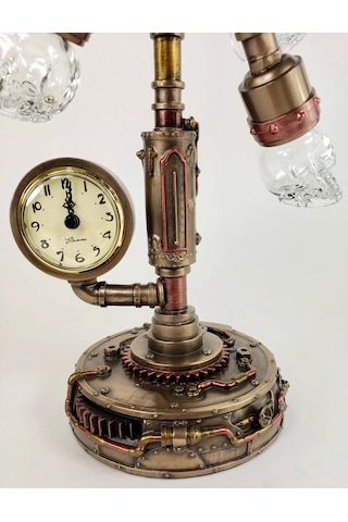 Steampunk Serisi Boru Sistemli, Saatli, Kristal 6lı Kafatası Led Gece Lambası