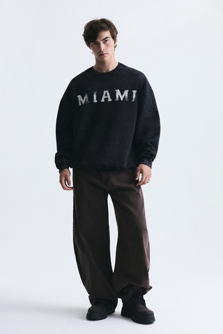 Vamos Miami Baskılı Bisiklet Yaka Sweatshirt Siyah