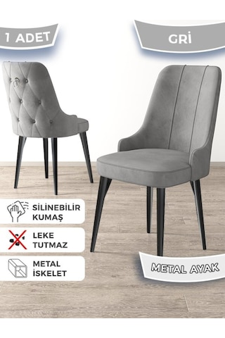 Canisa Newa Serisi,1.sınıf Babyface Kumaş Siyah Metal Ayak Gümüş Halkalı, 6 Adet Gri Sandalye Gri