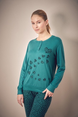 Fullamoda Kalp Nakışlı Bisiklet Yaka 2 Li Pijama Takımı 24mıcg631125720-yeşil Yeşil