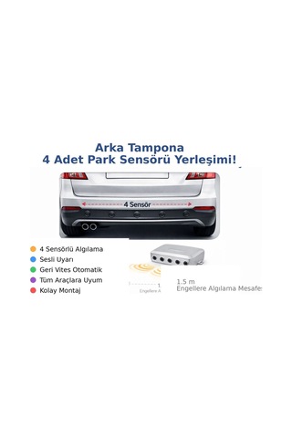 Araç Geri Vites Park Sensörü Led Göstergeli Sesli Uyarılı 22mm Siyah Tüm Araçlara Uyumlu
