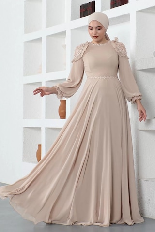 Omuz Detaylı Tesettür Abiye Elbise 727-bej Bej
