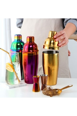 Pazly Kokteyl Çalkalayıcı Seti Paslanmaz Çelik Titanyum Kaplama Sütlü Fincan Süslü Gümüş Renk 267gr