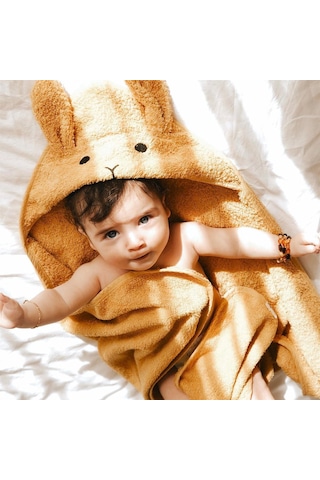 Cigit Kulaklı Tavşan Nakışlı Bebek Banyo Havlusu 75x75 Cm Hardal Sarı 75 x 75