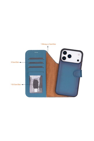 Bloomcase Magic Wallet Midnight Blue iPhone Uyumlu 17 Pro 6.3" Hakiki Deri Çıkarılabilir Cüzdanlı Telefon Kılıfı Mavi