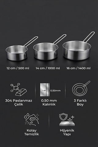 Makri Home Paslanmaz Çelik 3 Lü Sosluk Ve Sütlük Tava Seti 12-14-16 Cm Krom