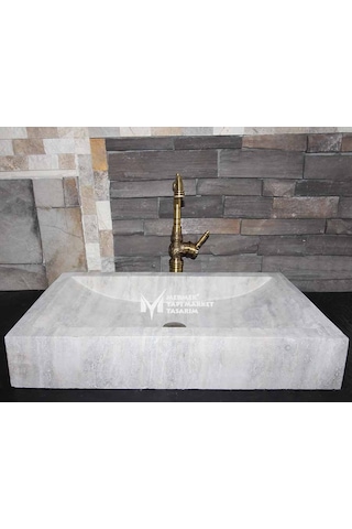 Gümüş Traverten Modern Kare Lavabo