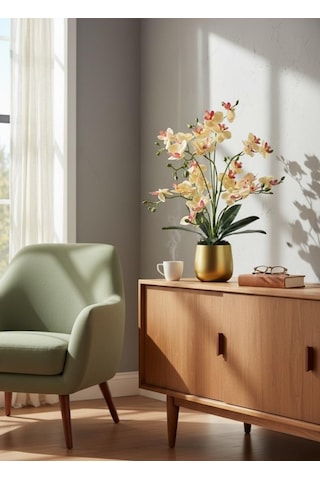 Yapay Çiçek Sarı Pembe 9 Dallı Islak Orkide Gold Altın Metal Saksıda Saksıda Orkide 60cm Sarı