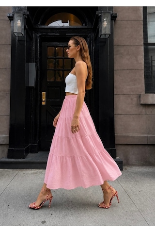 Bisou Pembe Beli Lastikli Volan Detaylı Astarlı Yazlık Maxi Etek Pembe
