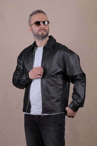 Ohepmoda Oversize Rahat Kalıp Düz Erkek Deri Ceket Siyah