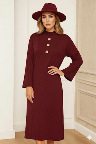 Onno Style Women Triko 3 Düğme Elbise Bordo