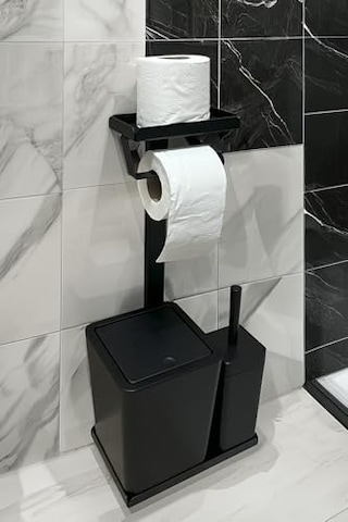 3'ü 1 Arada Banyo Seti Tuvalet Kağıtlık, Çöp Kovası Ve Tuvalet Fırça Takımı Mat Siyah Çok Renkli