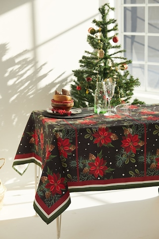 Kozalak Çiçekli Lacivert Yılbaşı Masa Örtüsü