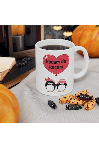 Kocam Da Kocam Sevgili Çift Örgü Penguenler - Doğum Günü Hediyesi - Hediye Porselen Kupa Bardak Beyaz