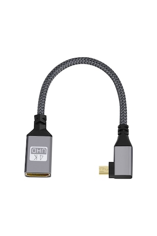 Mikro Hdmı Erkek Dirsek - Hdmı Dişi 4k Uhd 18gbps Bağlantı Kablosu, Uzunluk: 20cm Gri