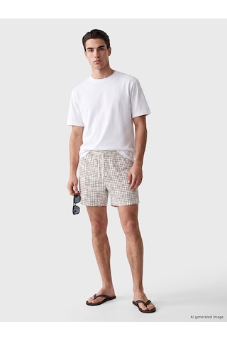 Lcw Swımwear Bej Kısa Boy Kareli Erkek Deniz Şortu