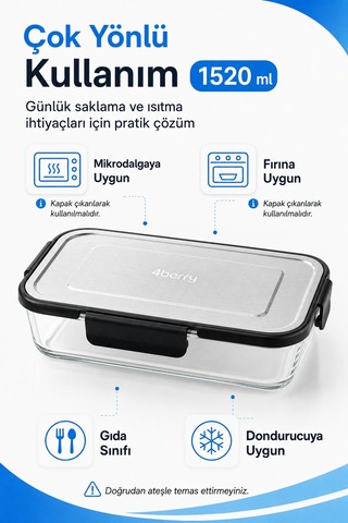 1520 Ml Kilitli Cam Saklama Kabı İnoks Kapaklı Yemek Ve Kahvaltılık Kabı Şeffaf