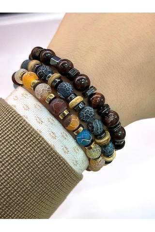 Nursaat 3'lü Doğal Taş Kehribar-Yeşim-Lapis-Kalsit-Dumanlı Kuvars-Sodalit Doğal Enerji Bilekliği Çok Renkli