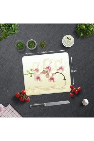 Decorıta Krem Orkide Desen/ Cam Kesme Tahtası 29cm X 34cm Diğer