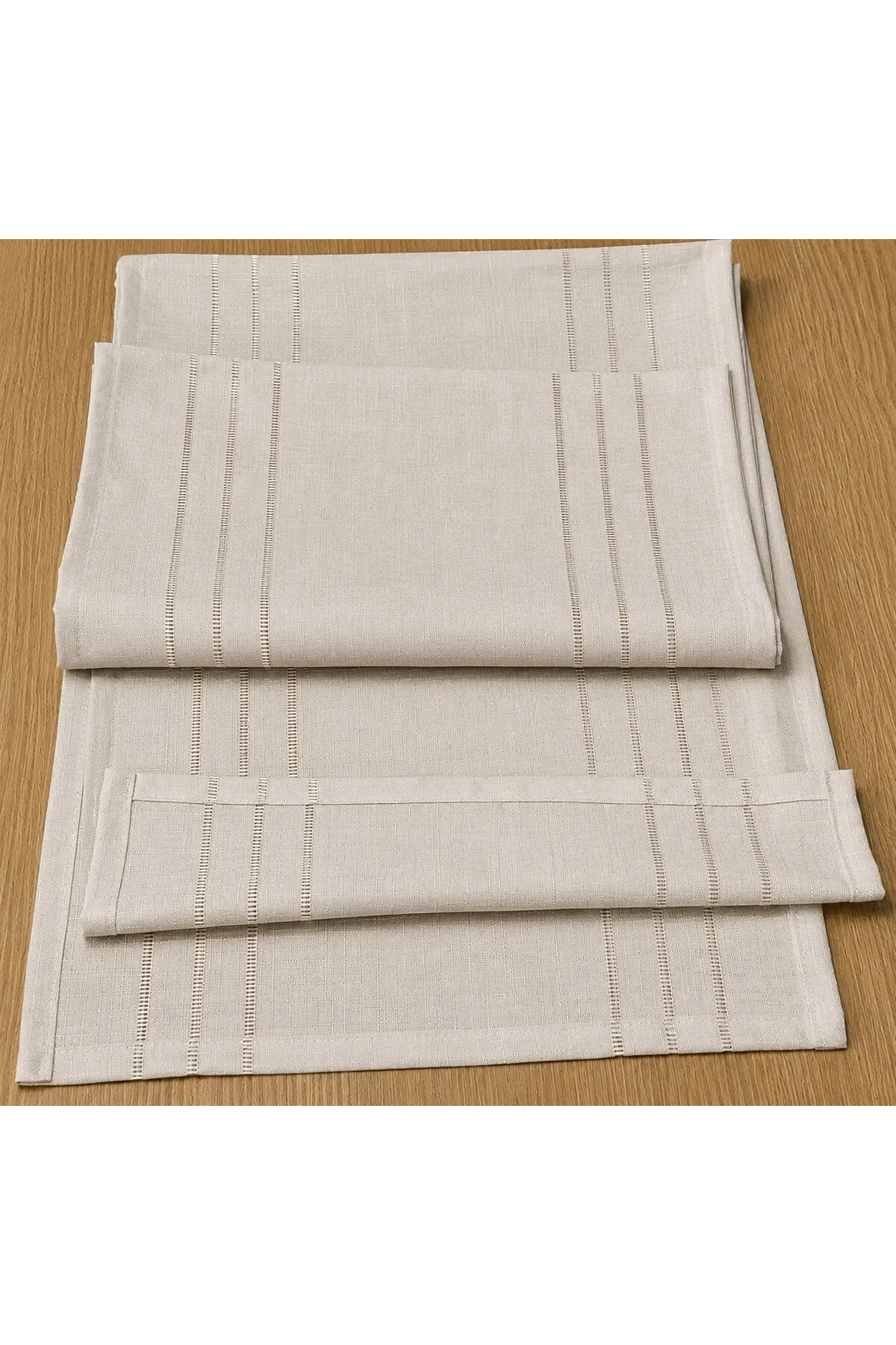 %100 Polyester Dertsiz Leke Tutmaz Şerit Desenli Runner Masa Örtüsü 34x200 Cm Taş Gri